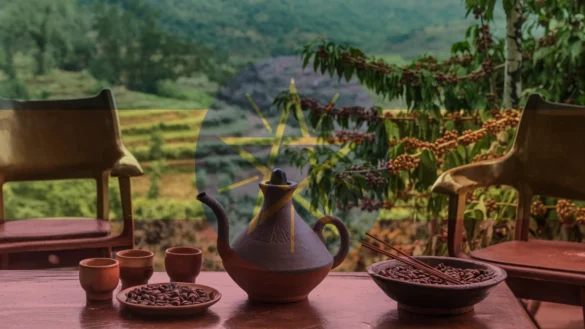 A traditional Ethiopian coffee ceremony with a jebena, cups, coffee beans, and incense in the foreground. In the background, a scenic highland landscape with coffee plants, lush forests, and terraced hills.