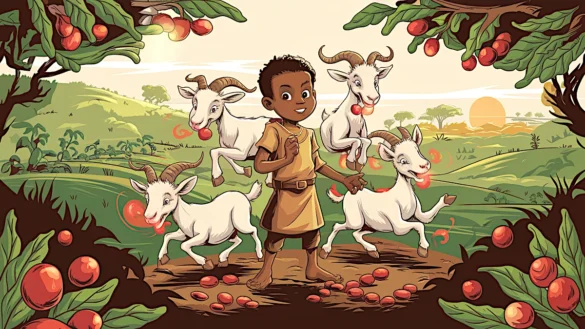 Kaldi, a young Ethiopian goat herder, watches as his goats playfully jump and frolic after eating bright red coffee cherries, marking the legendary discovery of the coffee origin.