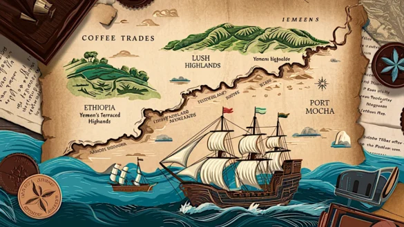 Map showing coffee trade routes from Ethiopia's lush highlands through Yemen's terraced farms to the bustling port of Mocha, with artistic labels and historical elements.