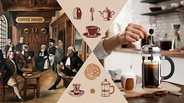 the evolution of coffee culture, starting from 17th-century coffee houses to modern-day home brewing.