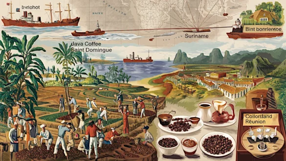 the history of coffee trade, featuring a 1696 Dutch plantation in Java, an 18th-century Haitian plantation with enslaved labor, and ships transporting coffee to Europe, set against a faded trade route map.
