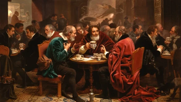 the essence of a bustling vintage European coffee house.