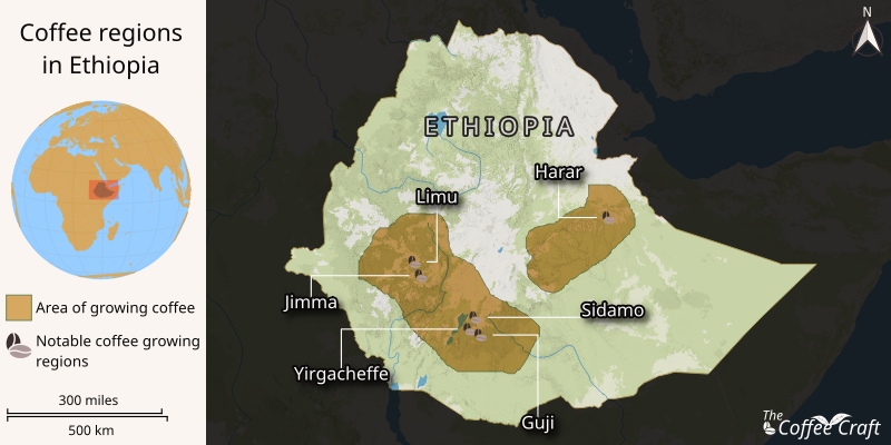 A map highlighting Ethiopia's key coffee-growing regions, including Sidamo, Yirgacheffe, and Harrar. It features topography, climate, and local coffee varieties, with labeled towns and coffee zones showcasing Ethiopia's rich coffee heritage.