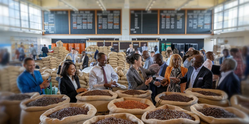 A lively scene at the Nairobi Coffee Exchange, featuring buyers and sellers in professional attire discussing over stacked burlap sacks of coffee beans. Large chalkboards display auction prices in the background, all illuminated by bright natural light, capturing the dynamic energy of the coffee trading process.