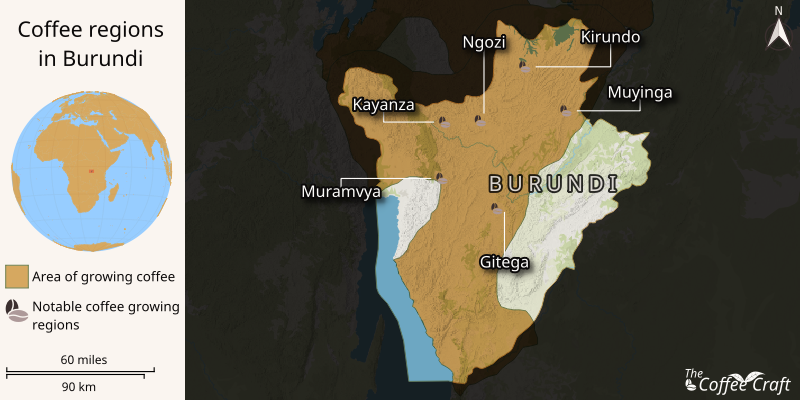A map highlighting Burundi's key coffee-growing regions, including Kayanza, Ngozi, Kirundo, Muramvya, Muyinga and Gitega.