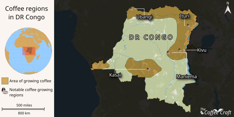 Map highlighting Democratic Republic of the Congo key coffee-growing regions, including Kivu Region, Ituri, Maniema, and Orientale Province.
