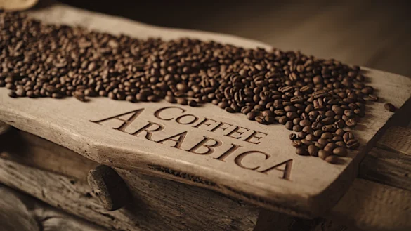 Arabica coffee beans scattered on a rustic wooden table engraved with 'Coffee Arabica,' featuring warm, earthy tones and soft lighting for a cozy, organic ambiance.