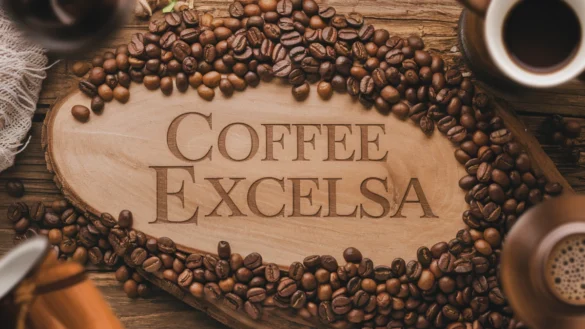 Coffea Excelsa beans on a rustic wooden table engraved with 'coffee Excelsa,' showcasing their texture in a warm, earthy setting.