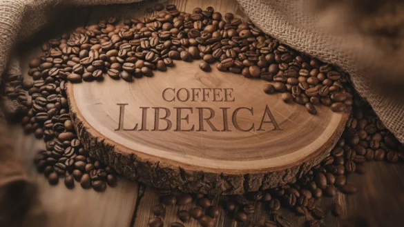 Liberica coffee beans spread on a rustic wooden table engraved with "Coffee Liberica," showcasing warm, earthy tones and a cozy, organic ambiance.