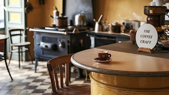 Rustic Parisian café highlighting European coffee culture, with an espresso cup on a counter, a vintage stove, and checkered tile flooring.
