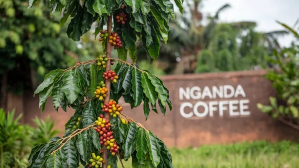 Nganda coffee plant with a tall stature, elongated green leaves, and ripe red cherries, growing in a lush environment. In the background, a wall structure displays the text 'Nganda Coffee.