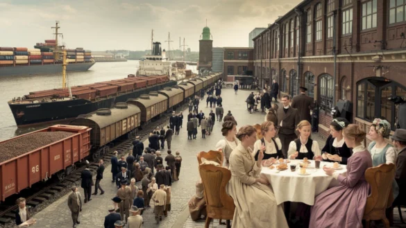 19th-century Hamburg coffee market with ships, railcars, and women enjoying a Kaffeeklatsch, showcasing the legacy of German coffee.