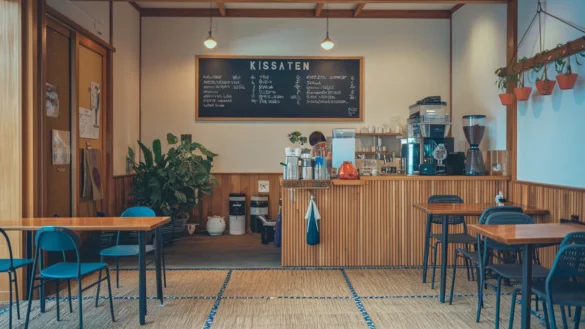 A cozy kissaten, a traditional Japanese coffee shop, with wooden interiors, straw matting, potted plants, and soft lighting.