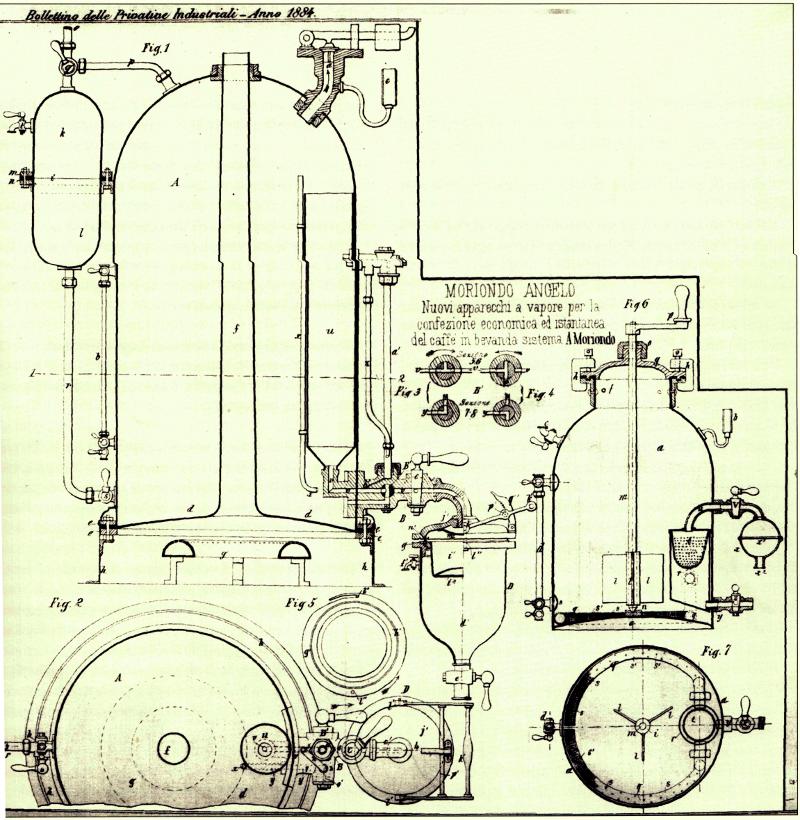 First patent (vol. 33 n. 256) for the Espresso Machine, by Mr. Angelo Moriondo, dated May 16, 1884 and titled "Nuovi apparecchi a vapore per la confezione economica ed istantanea del caffè in bevanda. Sistema A. Moriondo"